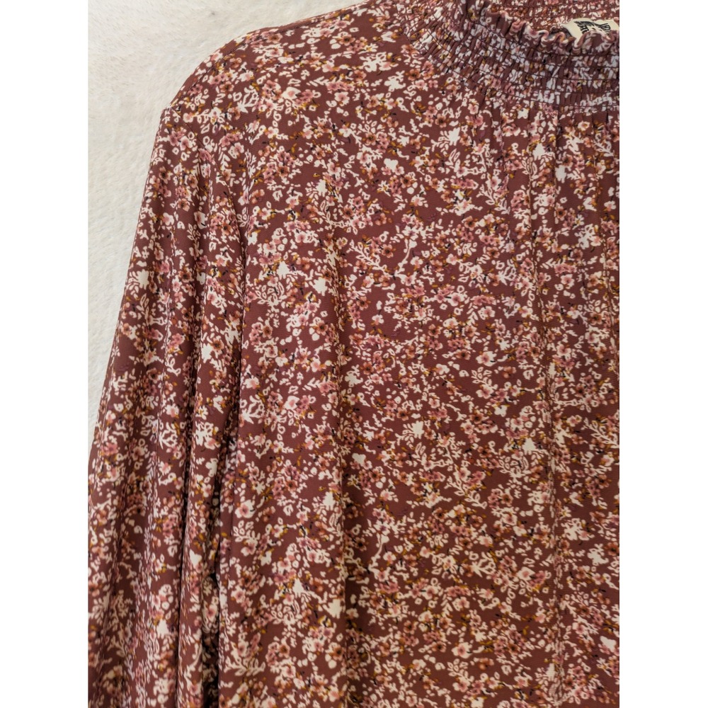 Anne Klein Blouse Women's XL Burgundy Floral Smocked Mock Neck Long Sleeve - Picture 3 of 11